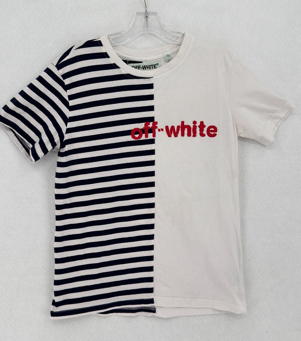 Off-White Split Striped Logo Print Cotton Crew Short Sleeve T Shirt Sz S